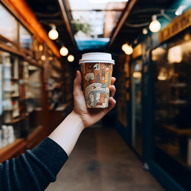 A waitress holding and serving a paper cup of hot coffee in cafe