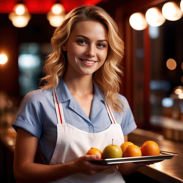 waitress holding tray smiling