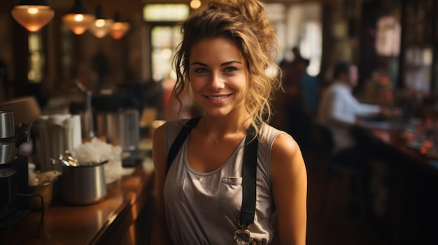 waitress woman smiling in a coffee shop Small business owner wearing apron standing