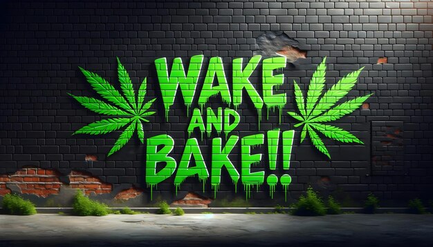 Wake and bake green graffiti on black brick wall street art background wallpaper