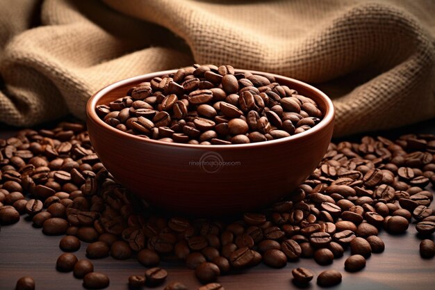 写真 コーヒー豆でいっぱいの鉢の背景で目が覚める