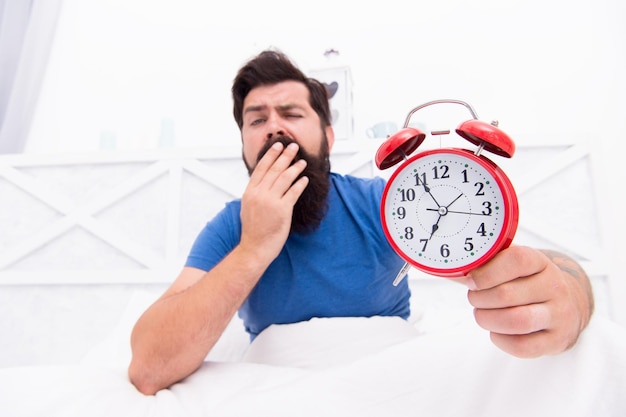 Wake up early every morning. Health benefits of rising early. Waking up early gives more time to prepare and be timely. Hipster bearded man in bed with alarm clock. Time to wake up. Healthy habits.