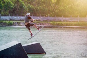 wakeboarding at the wake park. outdoor and extreme sport.