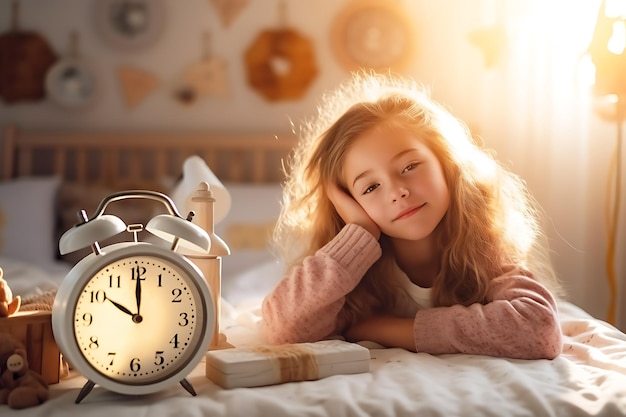 Waking up on a sunny morning a child girl in pajamas lies on the bed looks into the camera T