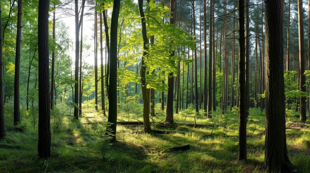 Wald Panorama of a scenic forest of fresh green Generative Ai