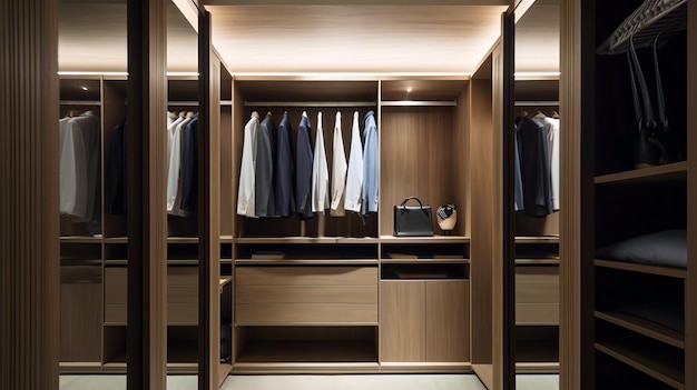 A walk in closet with a black bag on the shelf.