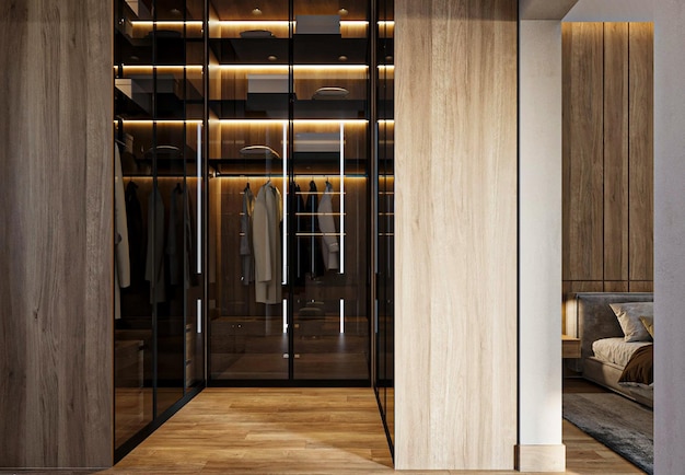 A walk in closet with a glass door that says'the word'on it