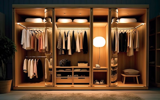 A walk in closet with a lamp and a lamp.