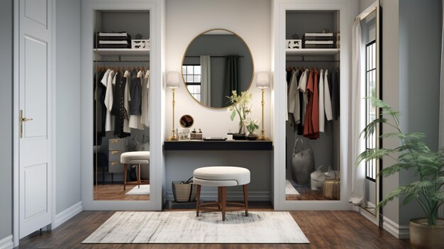 Photo a walk in closet with a mirror and a stool next