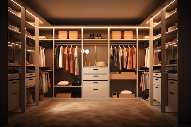 A walk in closet with a white cabinet with drawers and a white chest.