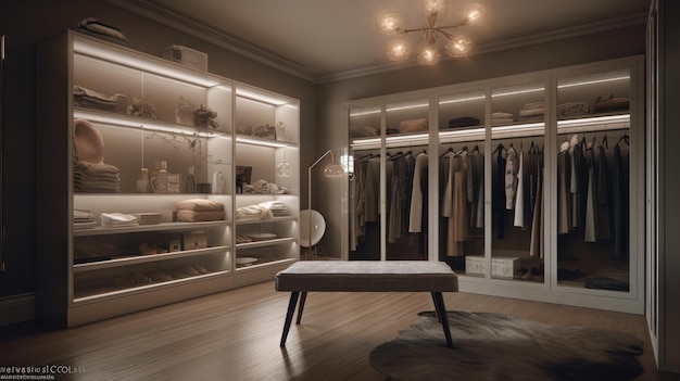 A walk in closet with a white table and a white stool.