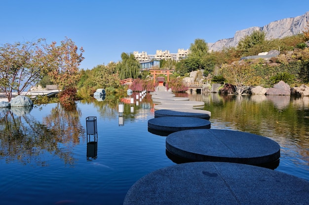 A walk in the park near the Black Sea coast. Crimea, Yalta. Vacation at the recreation center.