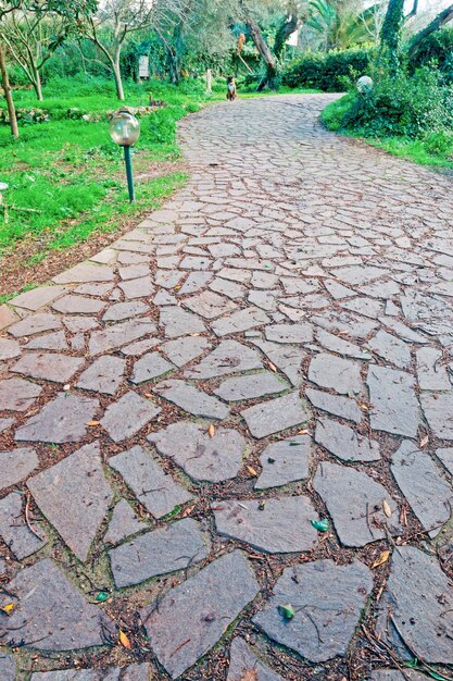 Walk path made with stones in a green garden