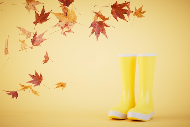 Walk in rubber boots yellow rubber boots and leaves flying on a yellow background 3D render