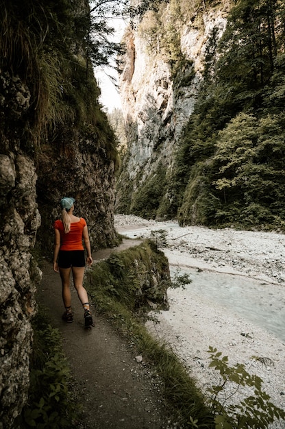 Walk through the canyon to Martuljek waterfall Martuljek river in Slovenia Triglav national park near Krajnska gora