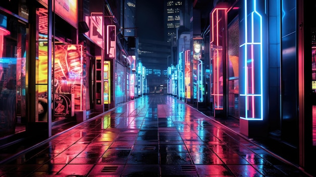 A walk way with neon lights on the walls.