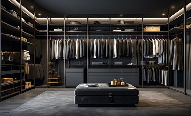 Photo walkin closet with charcoal gray walls and black shelving units