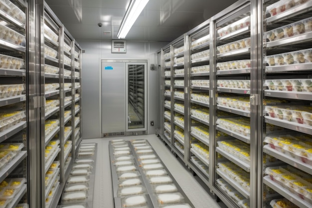 Walkin freezer filled with rows of frozen food and packages created with generative ai