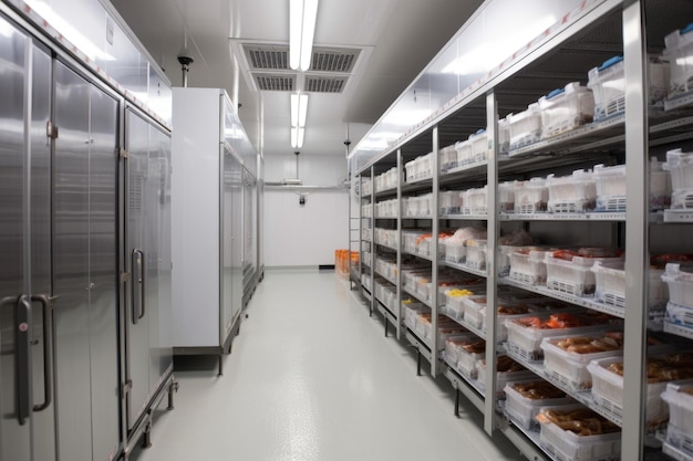 Photo walkin freezer with rows of frozen foods and packaged goods created with generative ai