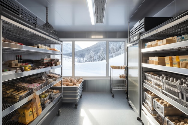 A walkin freezer with shelves of frozen goods and a view of the outdoors created with generative ai