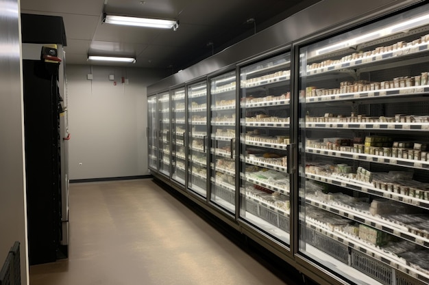 Walkin freezer with shelves stocked with frozen foods and drinks created with generative ai