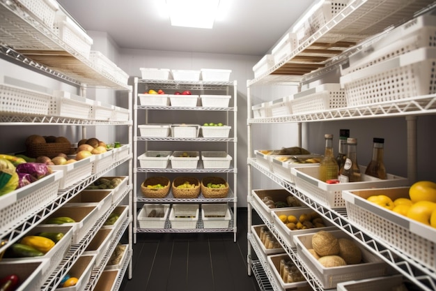 Walkin fridge with shelves bins and baskets for storing food items created with generative ai