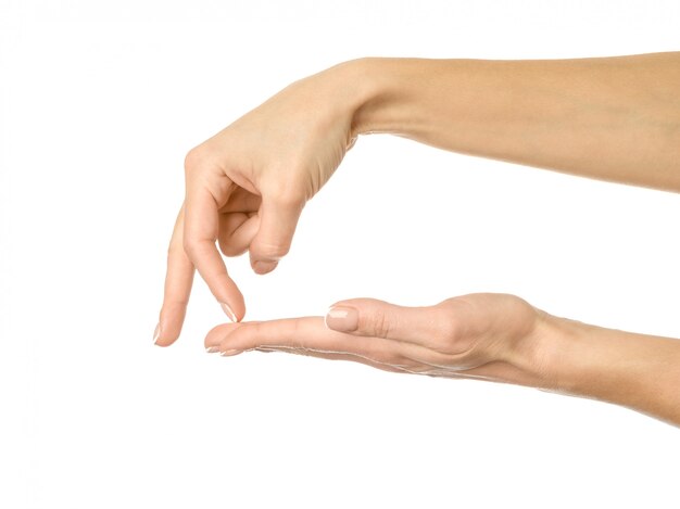 Photo walking to the abyss. woman hand gesturing isolated on white