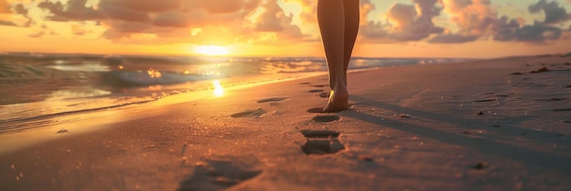 Walking barefoot on beach at sunset concept of freedom and tranquility