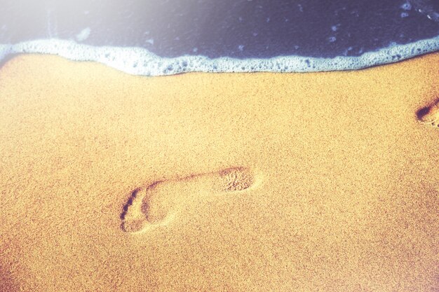 Foto camminare sulla spiaggia, lasciare impronte sulla sabbia.