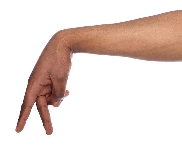 Walking black man fingers isolated on white background. Going small man made of african american hand, copy space