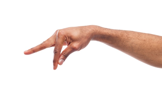 Walking black man fingers isolated on white background. Going small man made of african american hand, copy space