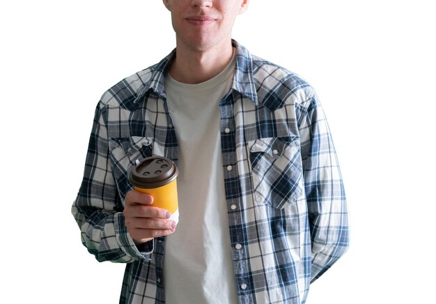 a walking in the city with paper coffee cup takeaway, fast food service, isolated white background