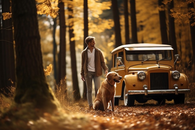 Walking couple with dogs in the autumn forest owners with golden labrador relaxing near the car