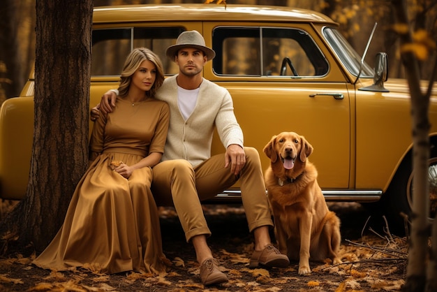 写真 車の近くでリラックスした金色のラブラドールと秋の森の所有者で犬と歩くカップル