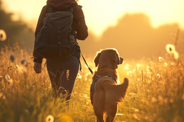 Walking a dog in a sunny meadow