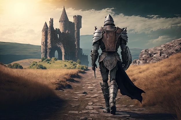 写真 遺跡と古い風景の背景に鎧を着た歩く騎士