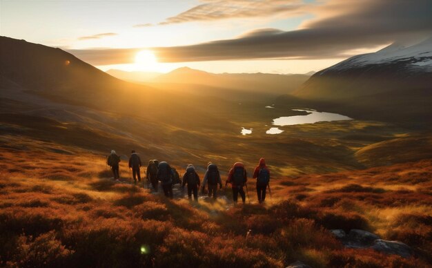 Foto cammino gruppo turistico trekking viaggi natura stile di vita di montagna attività escursioni generativa ai