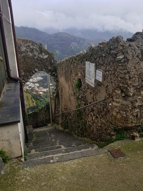 Walking path down to Minori from Ravello view of Minori and mountains in the background