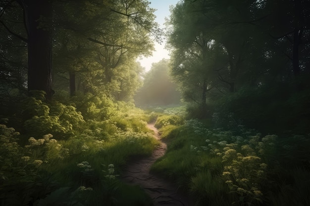 Walking path through the lush green forest