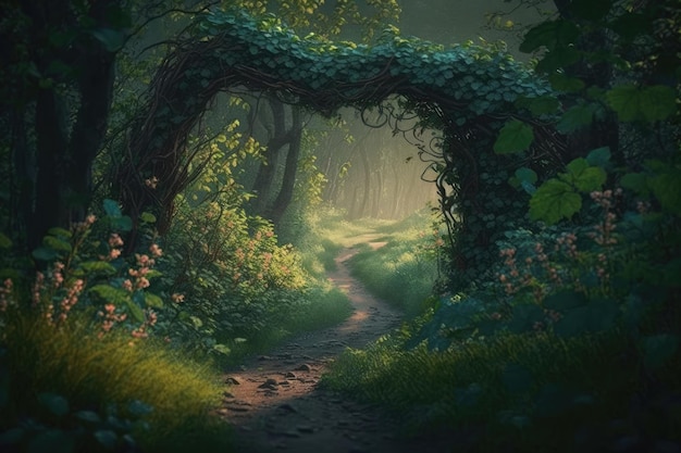 Walking path through the lush green forest