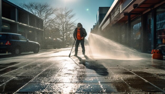 Photo walking in the rain blurred city lights wet footpath cold weather generated by ai