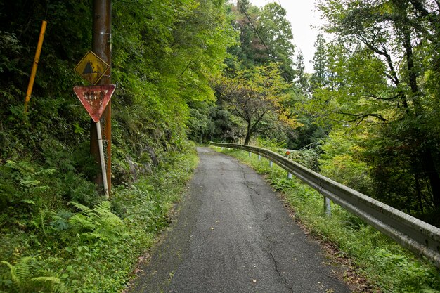 Walking the road following the Nakasendo trail between Nagiso and Tsumago in Kiso Valley Japan