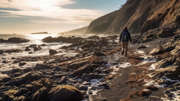 walking on a rocky path near the ocean