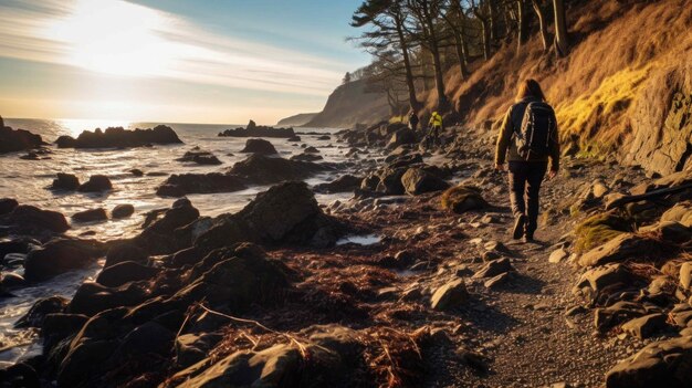 walking on a rocky path near the ocean