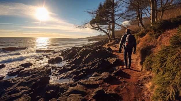 walking on a rocky path near the ocean