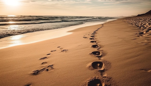 Photo walking on sand leaving footprints behind generated by ai