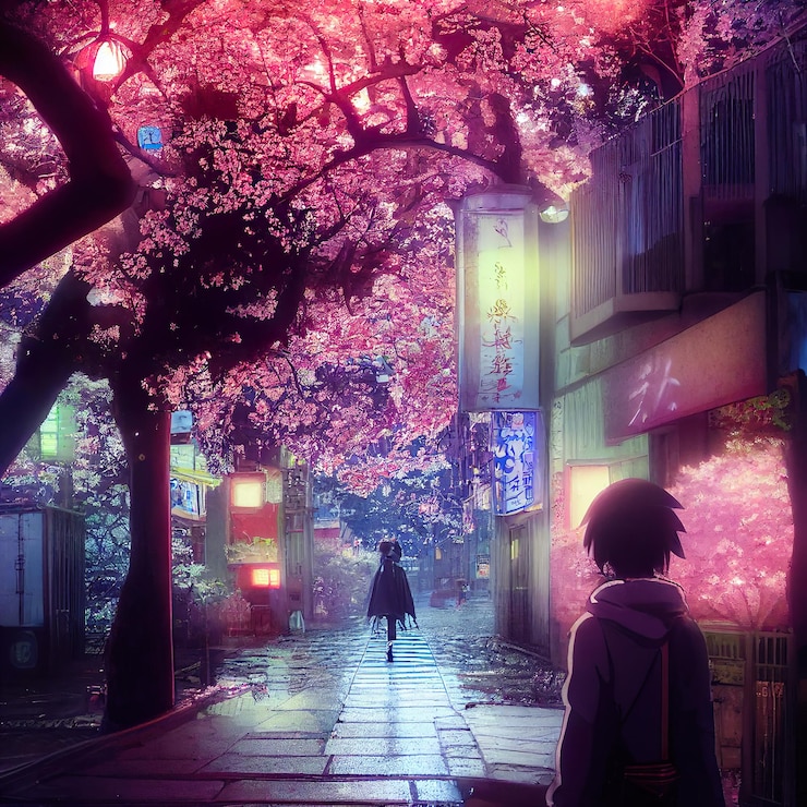 Foto walking street sakura bloemen kersenbloesem fantasie tokyo stad japan anime manga achtergrond