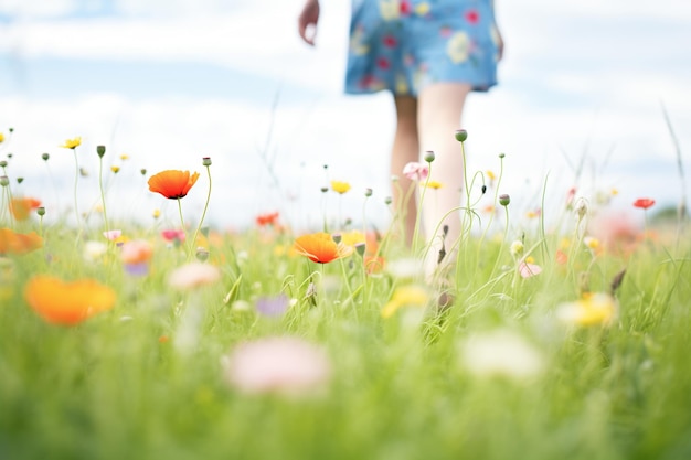 写真 く野花の草原を歩く