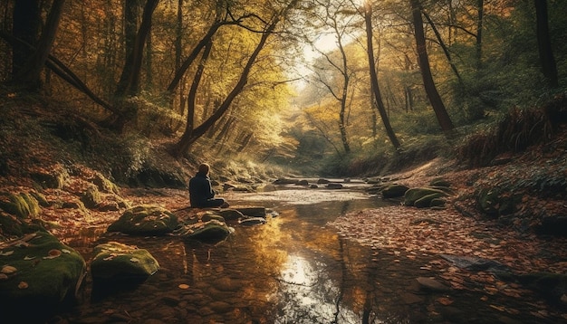 Walking through the tranquil autumn forest landscape generated by AI