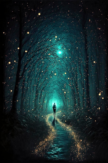 walking through woods fireflies. The moon stars